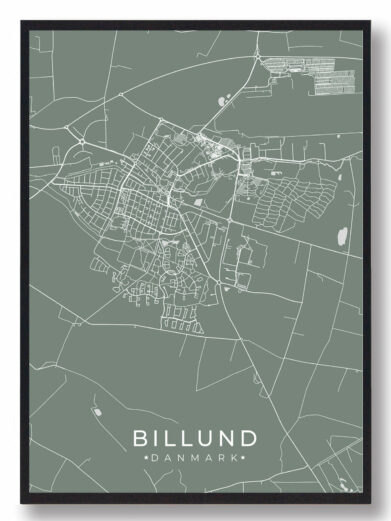 Billund byplakat i stilrent design. Denne Billund byplakat er med grøn baggrund og viser Billund fra sin smukkeste side