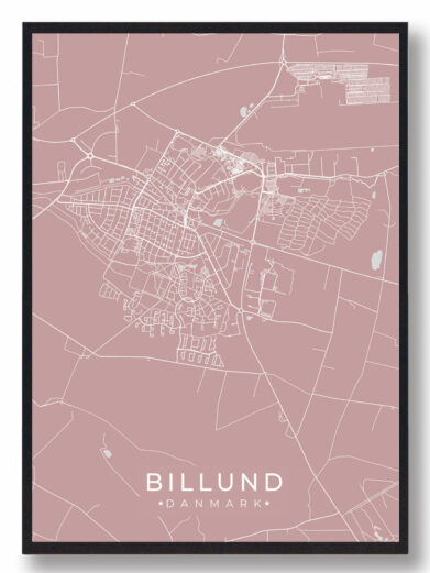Billund byplakat i stilrent design. Denne Billund byplakat er med rosa baggrund og viser Billund fra sin smukkeste side