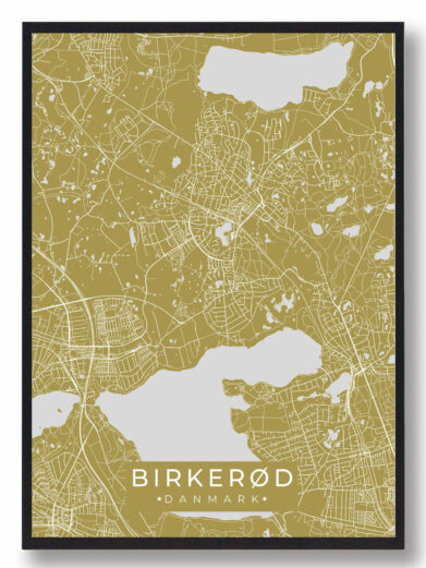Birkerød byplakat i stilrent design. Denne Birkerød byplakat er med gul baggrund og viser Birkerød fra sin smukkeste side