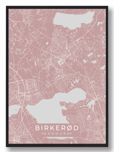 Birkerød byplakat i stilrent design. Denne Birkerød byplakat er med rosa baggrund og viser Birkerød fra sin smukkeste side