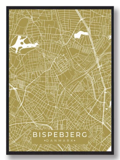 Bispebjerg byplakat i karrygul. Detaljeret kort over Bispebjerg, Sjælland, med hvide gader og vandveje på karrygul baggrund.