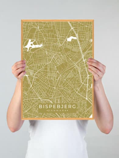Bispebjerg byplakat i grøn nuance. Detaljeret kort over Bispebjerg, Danmark, indrammet og holdt op. Perfekt vægkunst.