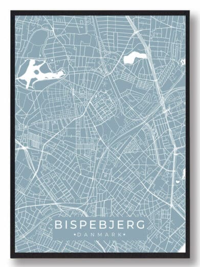 Grøn Bispebjerg byplakat med detaljerede kortlinjer og sort ramme. Minimalistisk design, perfekt til vægdekoration. Se kort over Bispebjerg!