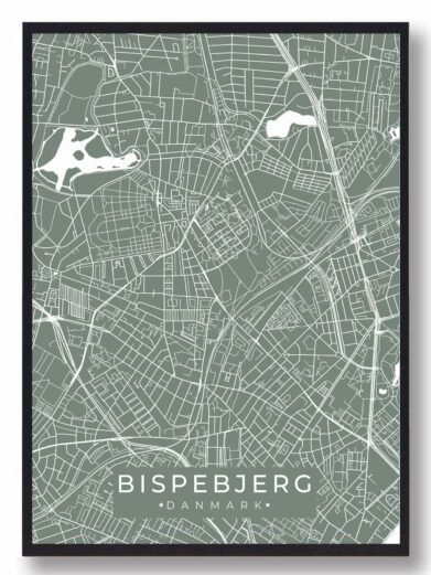 Grøn Bispebjerg byplakat med detaljeret kort over Bispebjerg, Danmark. Minimalistisk design i mintgrøn farve med hvide linjer.