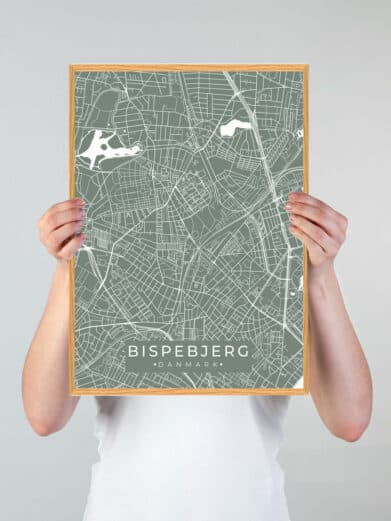 Grøn Bispebjerg byplakat med detaljeret kort over Bispebjerg, Sjælland. Minimalistisk design i mintgrøn farve med tr рамка.