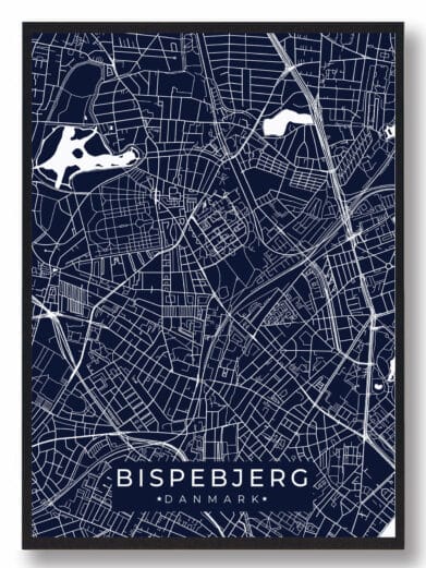 Bispebjerg byplakat i mørkeblå. Minimalistisk design med hvide linjer, der viser gader og veje. Perfekt til væggen!