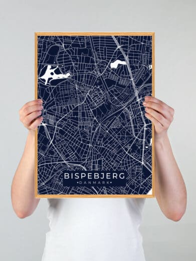 Mørkeblå Bispebjerg byplakat med hvide gadelinjer. Stilfuld vægkunst af Bispebjerg, Danmark. Perfekt gaveidé!