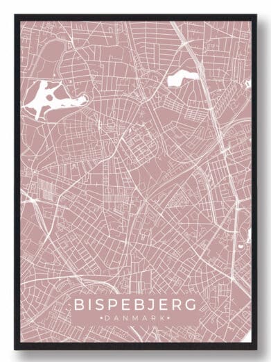 Bispebjerg byplakat i rosa: Detaljeret kort over Bispebjerg, Danmark, med hvide linjer på rosa baggrund i sort ramme. Stilfuld vægkunst.