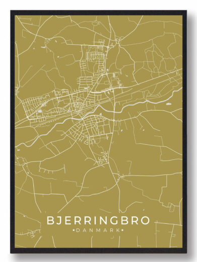 Bjerringbro byplakat i stilrent design. Denne Bjerringbro byplakat er med gul baggrund og viser Bjerringbro fra sin smukkeste side