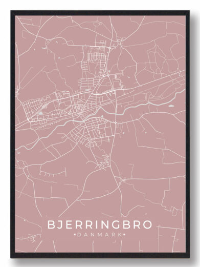Bjerringbro byplakat i stilrent design. Denne Bjerringbro byplakat er med rosa baggrund og viser Bjerringbro fra sin smukkeste side