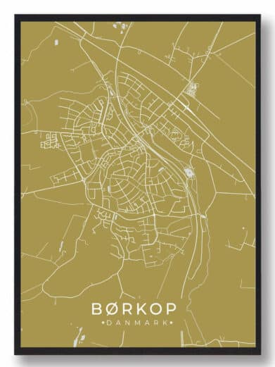 Børkop byplakat i stilrent design. Denne Børkop byplakat er med gul baggrund og viser Børkop fra sin smukkeste side