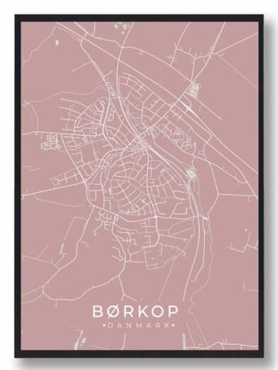 Børkop byplakat i stilrent design. Denne Børkop byplakat er med rosa baggrund og viser Børkop fra sin smukkeste side