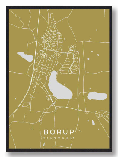 Borup byplakat i stilrent design. Denne Borup byplakat er med gul baggrund og viser Borup fra sin smukkeste side
