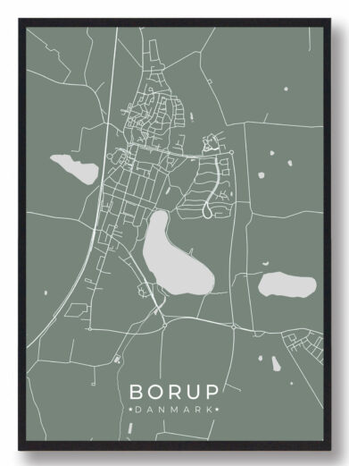 Borup byplakat i stilrent design. Denne Borup byplakat er med grøn baggrund og viser Borup fra sin smukkeste side