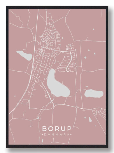 Borup byplakat i stilrent design. Denne Borup byplakat er med rosa baggrund og viser Borup fra sin smukkeste side