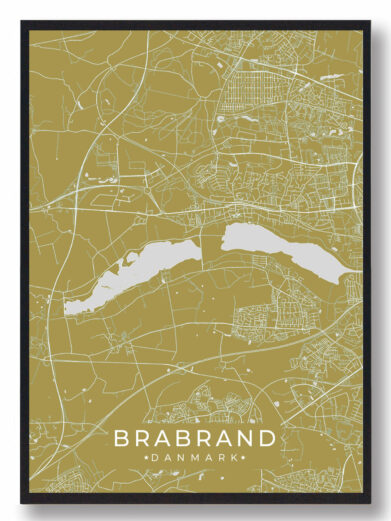 Brabrand byplakat i stilrent design. Denne Brabrand byplakat er med gul baggrund og viser Brabrand fra sin smukkeste side