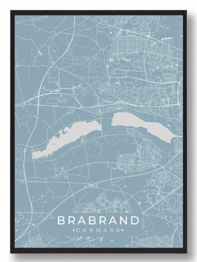 Brabrand byplakat i stilrent design. Denne Brabrand byplakat er med lyseblå baggrund og viser Brabrand fra sin smukkeste side