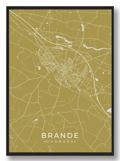 Brande byplakat i stilrent design. Denne Brande byplakat er med gul baggrund og viser Brande fra sin smukkeste side