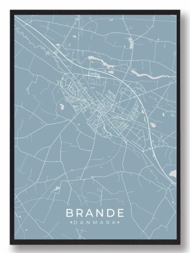 Brande byplakat i stilrent design. Denne Brande byplakat er med lyseblå baggrund og viser Brande fra sin smukkeste side