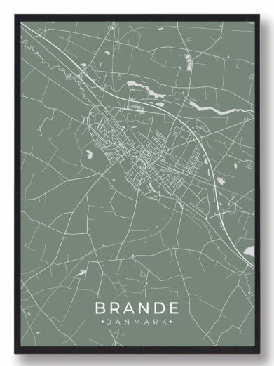 Brande byplakat i stilrent design. Denne Brande byplakat er med grøn baggrund og viser Brande fra sin smukkeste side