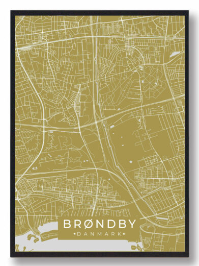 Brøndby byplakat i stilrent design. Denne Brøndby byplakat er med gul baggrund og viser Brøndby fra sin smukkeste side