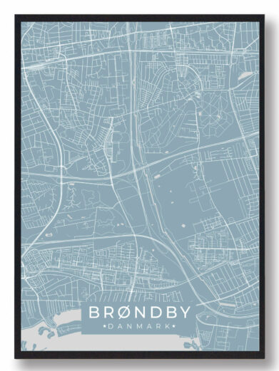 Brøndby byplakat i stilrent design. Denne Brøndby byplakat er med lyseblå baggrund og viser Brøndby fra sin smukkeste side