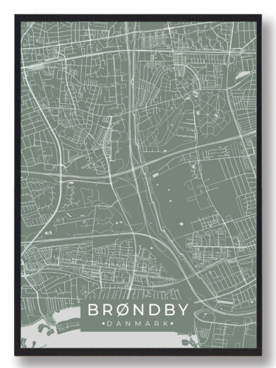 Brøndby byplakat i stilrent design. Denne Brøndby byplakat er med grøn baggrund og viser Brøndby fra sin smukkeste side