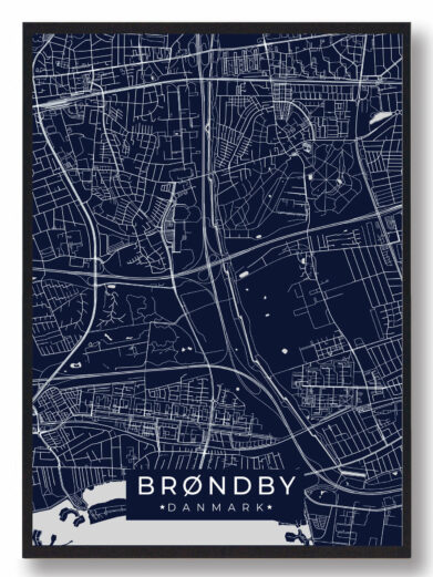 Brøndby byplakat i stilrent design. Denne Brøndby byplakat er med mørkeblå baggrund og viser Brøndby fra sin smukkeste side