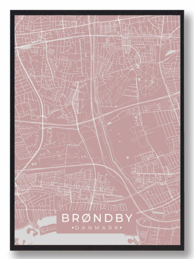 Brøndby byplakat i stilrent design. Denne Brøndby byplakat er med rosa baggrund og viser Brøndby fra sin smukkeste side
