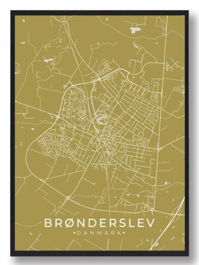Brønderslev byplakat i stilrent design. Denne Brønderslev byplakat er med gul baggrund og viser Brønderslev fra sin smukkeste side