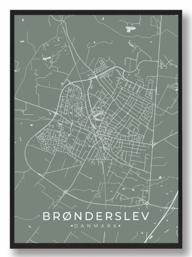 Brønderslev byplakat i stilrent design. Denne Brønderslev byplakat er med grøn baggrund og viser Brønderslev fra sin smukkeste side
