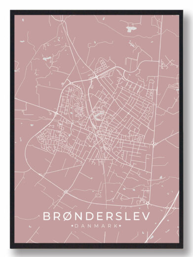 Brønderslev byplakat i stilrent design. Denne Brønderslev byplakat er med rosa baggrund og viser Brønderslev fra sin smukkeste side