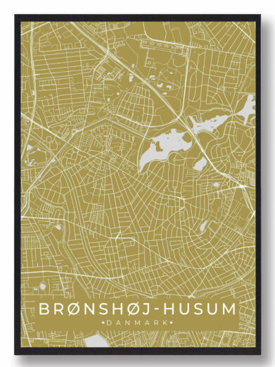 Brønshøj Husum byplakat i stilrent design. Denne Brønshøj Husum byplakat er med gul baggrund og viser Brønshøj Husum fra sin smukkeste side