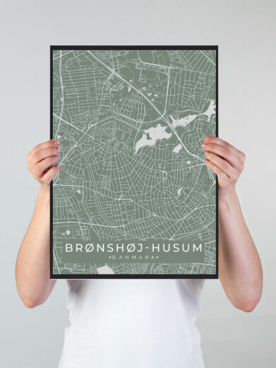 Brønshøj Husum byplakat i stilrent design. Denne Brønshøj Husum byplakat er med grøn baggrund og viser Brønshøj Husum fra sin smukkeste side