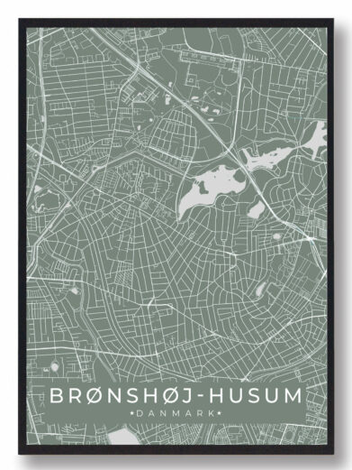 Brønshøj Husum byplakat i stilrent design. Denne Brønshøj Husum byplakat er med grøn baggrund og viser Brønshøj Husum fra sin smukkeste side