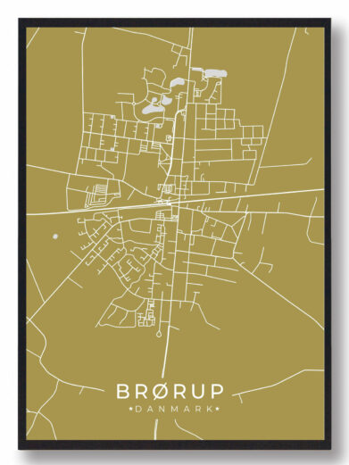 Brørup byplakat i stilrent design. Denne Brørup byplakat er med lyseblå baggrund og viser Brørup fra sin smukkeste side