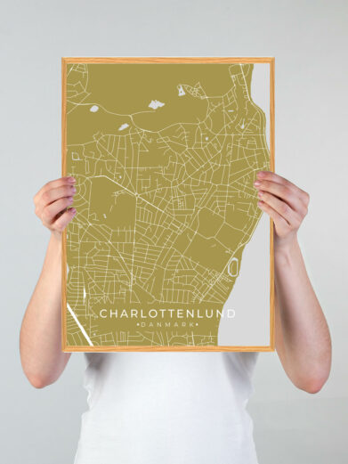 Charlottenlund byplakat i stilrent design. Denne Charlottenlund byplakat er med gul baggrund og viser Charlottenlund fra sin smukkeste side