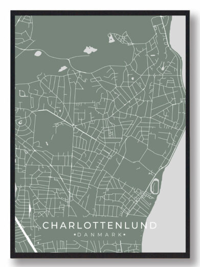 Charlottenlund byplakat i stilrent design. Denne Charlottenlund byplakat er med grøn baggrund og viser Charlottenlund fra sin smukkeste side