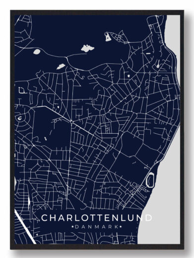 Charlottenlund byplakat i stilrent design. Denne Charlottenlund byplakat er med mørkeblå baggrund og viser Charlottenlund fra sin smukkeste side