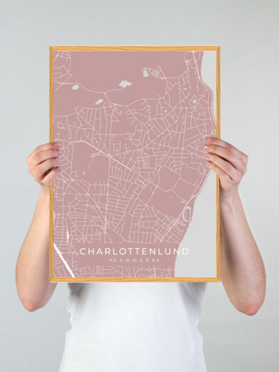 Charlottenlund byplakat i stilrent design. Denne Charlottenlund byplakat er med rosa baggrund og viser Charlottenlund fra sin smukkeste side