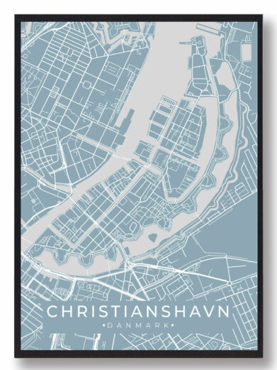 Christianshavn byplakat i stilrent design. Denne Christianshavn byplakat er med lyseblå baggrund og viser Christianshavn fra sin smukkeste side