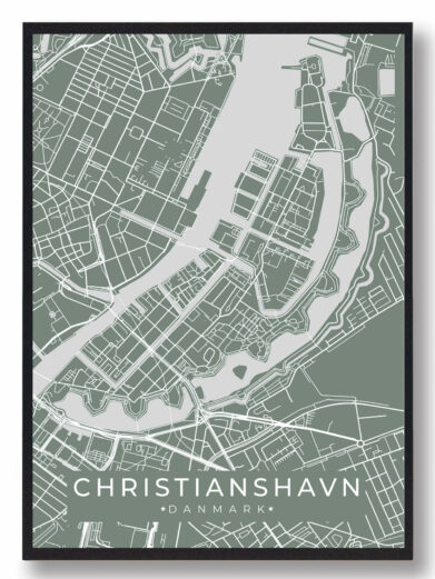 Christianshavn byplakat i stilrent design. Denne Christianshavn byplakat er med grøn baggrund og viser Christianshavn fra sin smukkeste side