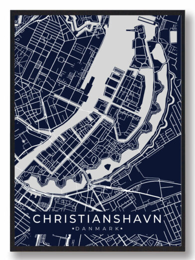 Christianshavn byplakat i stilrent design. Denne Christianshavn byplakat er med mørkeblå baggrund og viser Christianshavn fra sin smukkeste side