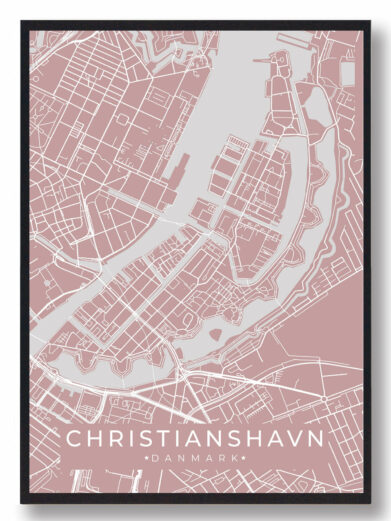 Christianshavn byplakat i stilrent design. Denne Christianshavn byplakat er med rosa baggrund og viser Christianshavn fra sin smukkeste side