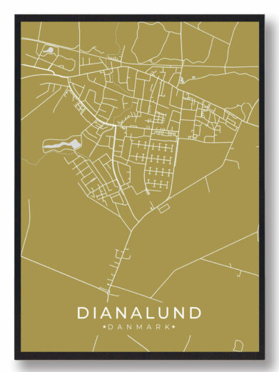 Dianalund byplakat i stilrent design. Denne Dianalund byplakat er med gul baggrund og viser Dianalund fra sin smukkeste side