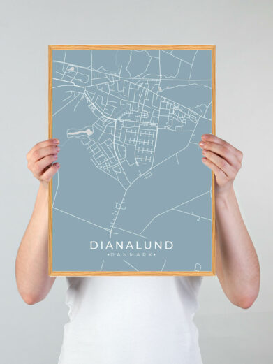 Dianalund byplakat i stilrent design. Denne Dianalund byplakat er med lyseblå baggrund og viser Dianalund fra sin smukkeste side