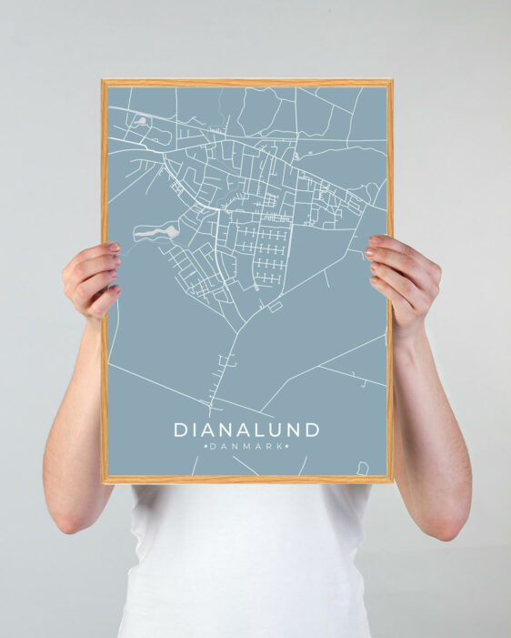 Dianalund byplakat i stilrent design. Denne Dianalund byplakat er med lyseblå baggrund og viser Dianalund fra sin smukkeste side