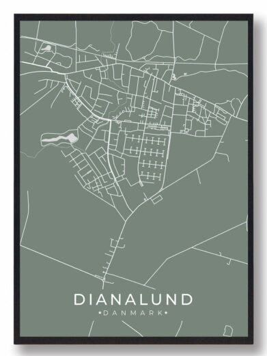 Dianalund byplakat i stilrent design. Denne Dianalund byplakat er med grøn baggrund og viser Dianalund fra sin smukkeste side