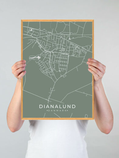 Dianalund byplakat i stilrent design. Denne Dianalund byplakat er med grøn baggrund og viser Dianalund fra sin smukkeste side