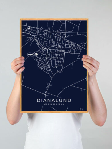 Dianalund byplakat i stilrent design. Denne Dianalund byplakat er med mørkeblå baggrund og viser Dianalund fra sin smukkeste side